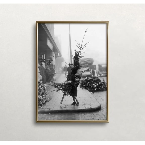 Vintage Ch.rist.mas Photo: Boy with Tree, Black and White Art Poster Size 24''x36'' Googate