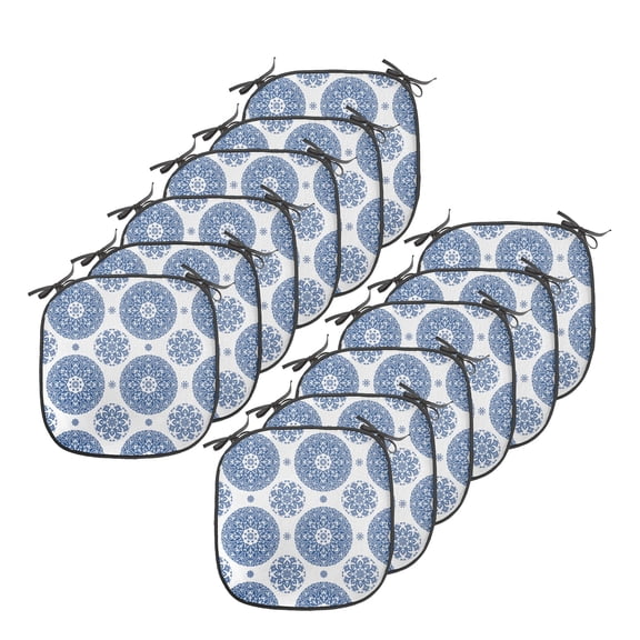 Vintage Chair Seating Cushion Set of 12, French Country Style Floral Circular Pattern Lace Ornamental Snowflake Design Print, Seat Pads with Anti-slip Backing, 16"x16", Blue White, by Ambesonne