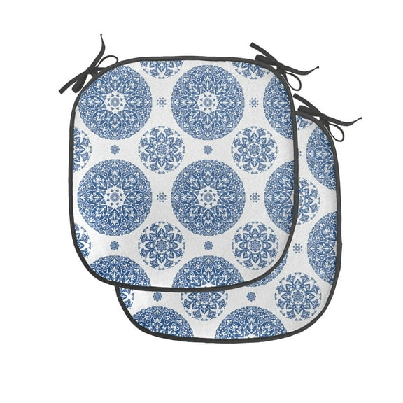 Vintage Chair Seating Cushion Set of 2, French Country Style Floral Circular Pattern Lace Ornamental Snowflake Design Print, Seat Pads with Anti-slip Backing, 16"x16", Blue White, by Ambesonne