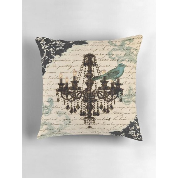 Vintage Chandelier Teal Bird Cursive Script Throw Pillow Cover, Double-Sided Print, Cover Only