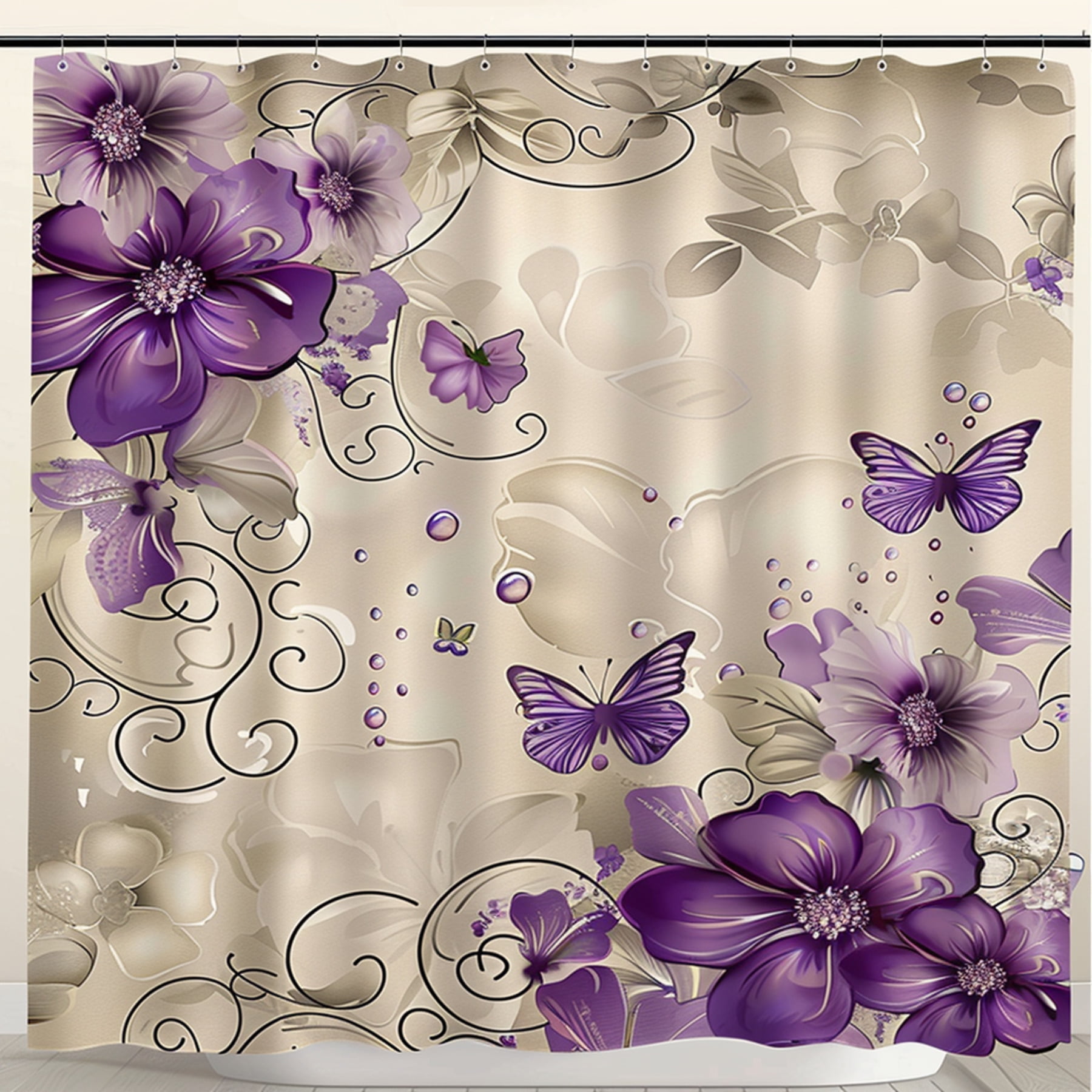 Vintage Charm Oil Painting Style Purple Flower Butterfly Shower Curtain