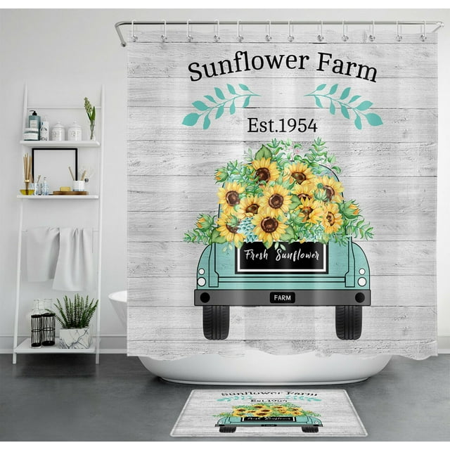 Vintage Charm Sunflower Farm Rustic Truck Shower Curtain Set for a