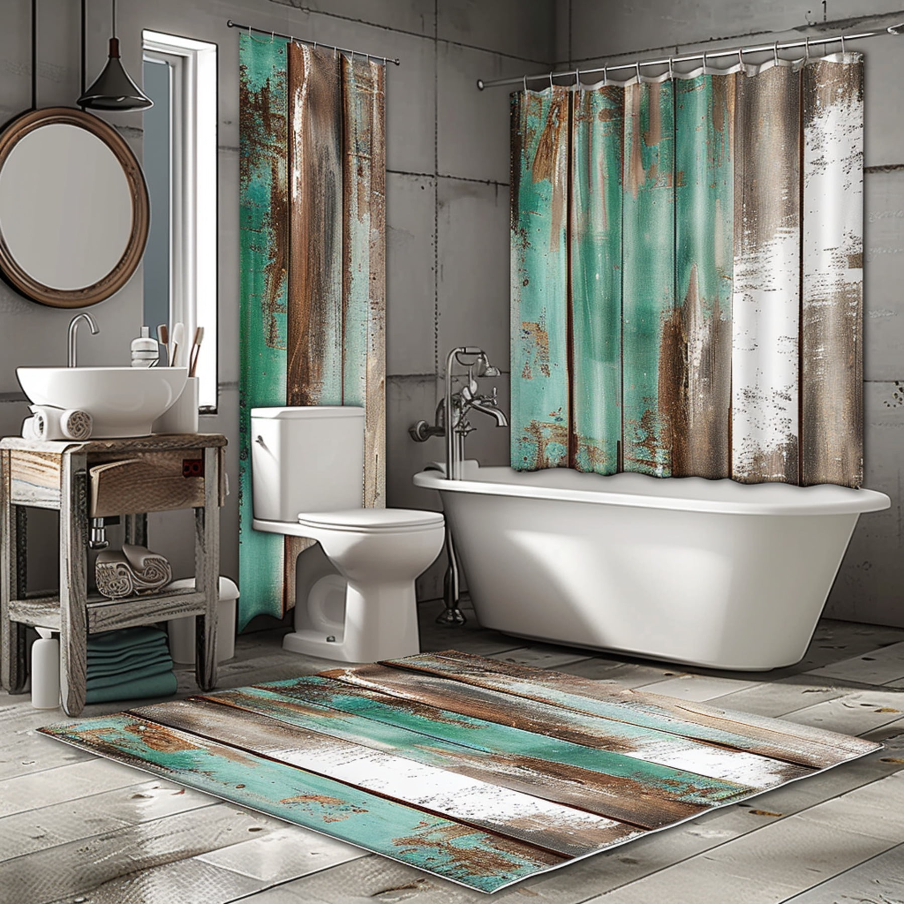 Vintage Charm Teal and Brown Shower Curtain Set Rustic Farmhouse