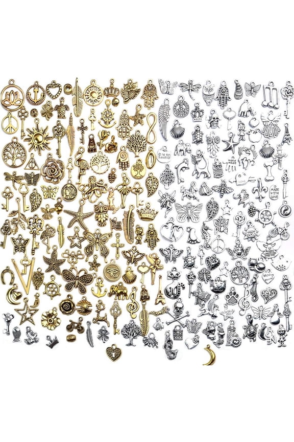 Vintage Charms Bulk,200pcs Mixed Antique Charms Tibetan Alloy Pendants for Necklace Bracelet Jewelry Making and Crafting,Antique Silver & Gold