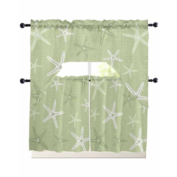 Vintage Chartreuse Starfish Kitchen Curtains Sets 36 Inch Length with Valance, Summer Coastal Beach Marine Swag Valances and Tiers Curtain Set Drapes Swag Curtains for Living Room, Bathroom, Cafe