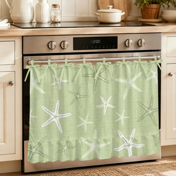 Vintage Chartreuse Starfish Oven Skirt for Farmhouse Kitchen Décor, Summer Coastal Beach Marine Oven Curtain Tie Top with 8 Ribbon Ties, Decorative Cabinet Dish Washer Stove Skirt Curtains 32"x24"