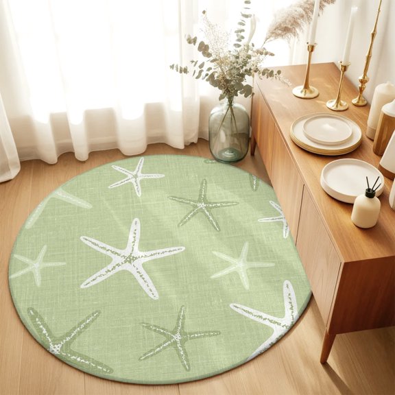 Vintage Chartreuse Starfish Round Area Rug 4 FT, Non Slip Indoor Outdoor Rug, Summer Coastal Beach Marine Washable Soft Circular Carpet Non-Shedding Floor Mat for Coffee Table Nursery Foyer Balcony