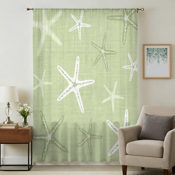 Vintage Chartreuse Starfish Sheer Curtains 45 Inches Long, Summer Coastal Beach Marine Light Filering Curtains, Breathable Simi Curtain Privacy Drapes for Kitchen Bathroom Window Treatment