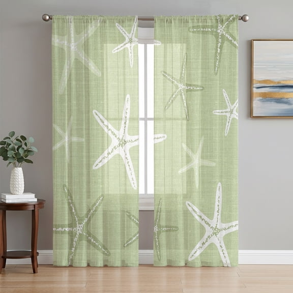 Vintage Chartreuse Starfish Sheer Curtains 63 Inch Length 2 Panels Set, Summer Coastal Beach Marine Voile Window Treatment Rod Pocket Curtains Sheers Drapes for Bedroom/Living Room/Kitchen 52x"63"x2