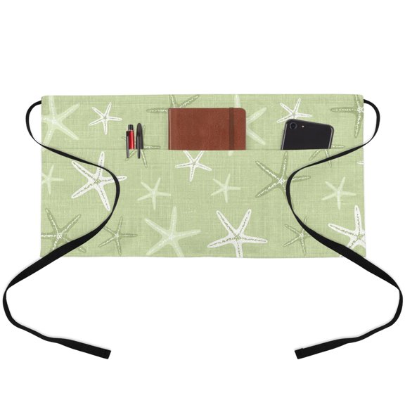 Vintage Chartreuse Starfish Waitress Apron with 3 Pockets, Summer Coastal Beach Marine Server Aprons Waterproof Kitchen Restaurant Half Waist Apron for Men Women