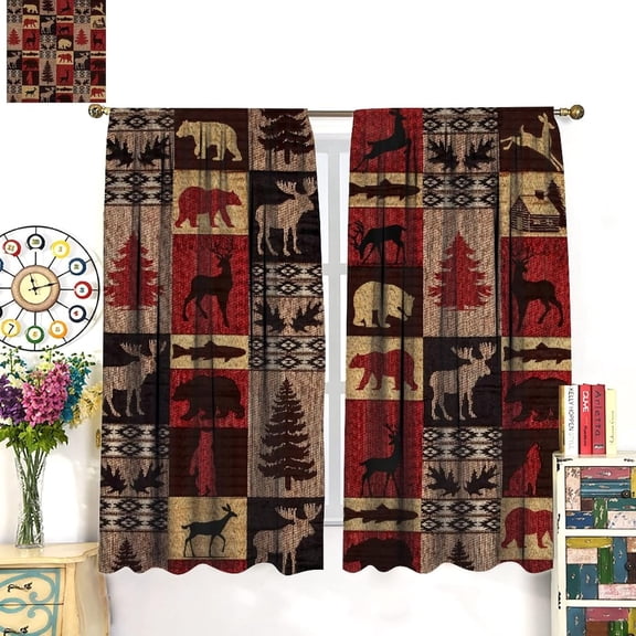 Vintage Check Black Bear Rod Pocket Blackout Curtains for Living Room, Room Darkening Rustic Country Farmhouse Cabin Elk Tree Plaid Window Treatment Drapes, 2 Panels 63L x 27.5W