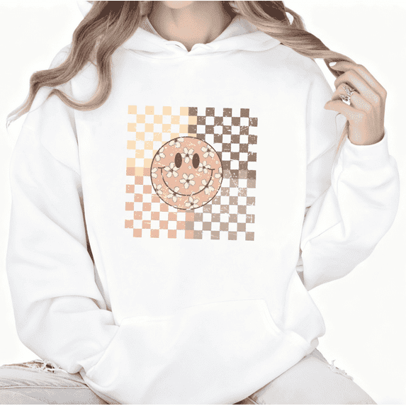 Vintage Checker Smiley Graphic Suitable Tee T-Shirt Top Print Hooded long-sleeved White S-2XL