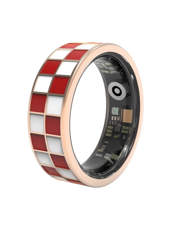 Vintage Checkerboard Daily Tracking Ring for Men Women, Fitness Trackers, 5ATM Waterproof, Activity Sleep Temp Record, Family Data Share, Android iOS Compatible, Red&white