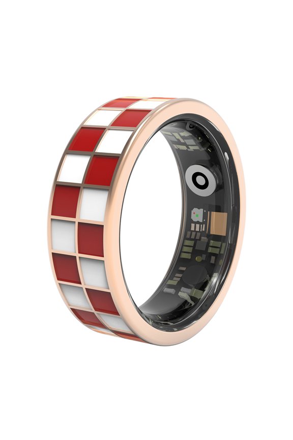 Vintage Checkerboard Daily Tracking Ring for Men Women, Fitness Trackers, 5ATM Waterproof, Activity Sleep Temp Record, Family Data Share, Android iOS Compatible, Red&white
