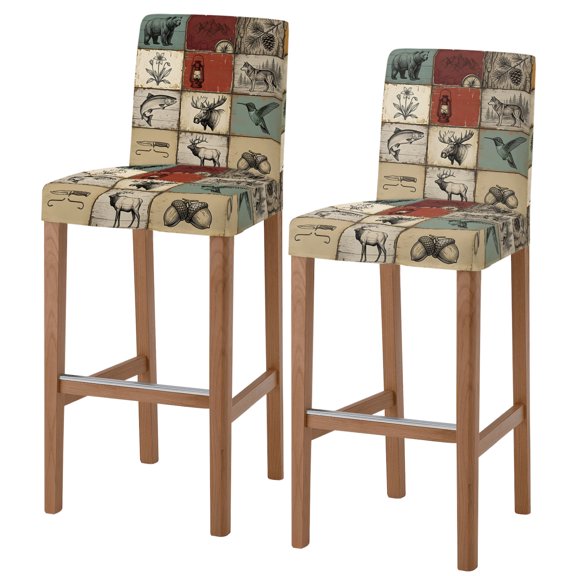 Vintage Checkered Bar Stool Covers - Stretch Dining Chair Covers Set of 2, Fish Floral Moose Birds Retro Bar Chair Cover Removable Counter Stool Pub Chairs Slipcovers Protectors for Kitchen/Cafe