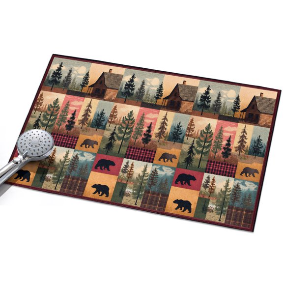 Vintage Checkered Bear Cabin Entryway Rug 2x3ft Washable Non Slip Bathroom Rug Indoor Floor Front Door Mat Forest Animals Retro Art Tree Rectangle Area Rugs Carpet for Kitchen Office Dining Room Home