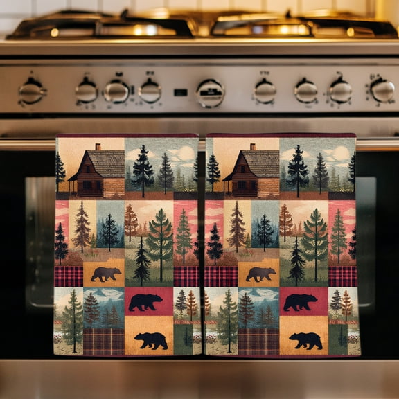 Vintage Checkered Bear Cabin Kitchen Towels Set of 1, Forest Animals Retro Art Tree Absorbent Dish Towels for Kitchen, Microfiber Hand Towel, Quick Drying Tea Towel for Cleaning Decorative Dishcloths