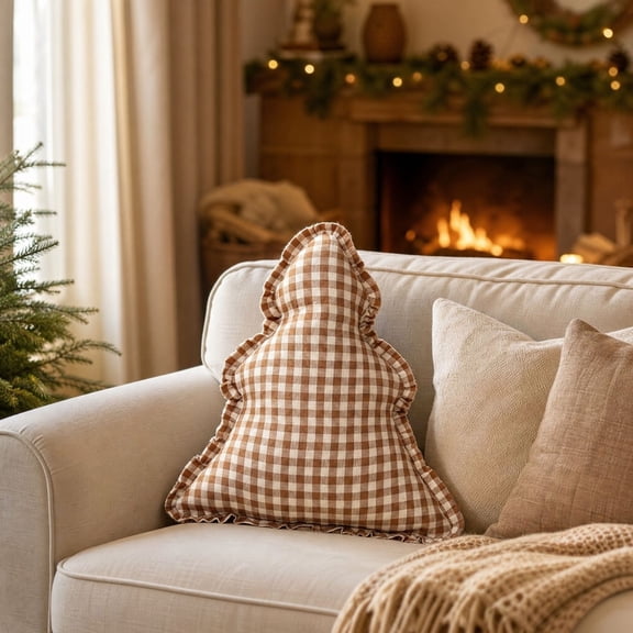 Vintage Checkered Christmas Tree Shaped Throw Pillow with Ruffled Decorative Stuffed Cushion for Sofa Couch Bedroom Home Decoration