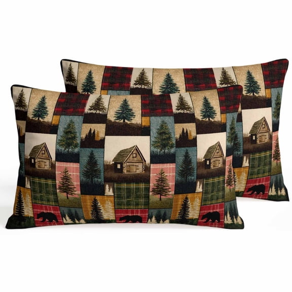 Vintage Checkered Forest Lumbar Pillow Covers 12 x 20 Inch Pillow Covers Set of 2 Decorative Bear Cabin Trees Retro Barn Animals Cushion Case Cotton Linen Pillowcases with Zipper for Couch Sofa Bed