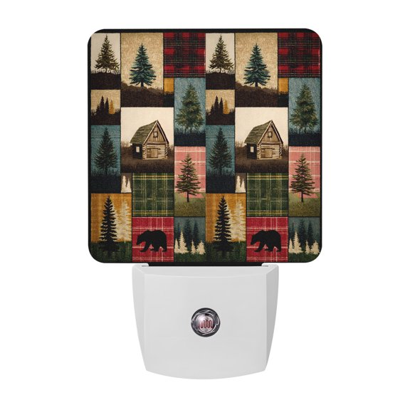 Vintage Checkered Forest Night Lights Plug Into Wall, LED Dusk to Dawn Sensor Night Light, Bear Cabin Trees Retro Barn Nightlight for Bedroom Bathroom Living Room Hallway Home Wall Decor