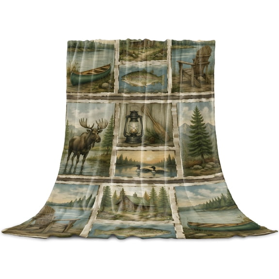 Vintage Checkered Moose Throw Blanket for Couch, Soft Lightweight Flannel Fleece Blanket, Retro Lake Trees Microfiber Plush All Season Decorative Blankets Gifts for Sofa Office Lap 30"x40"