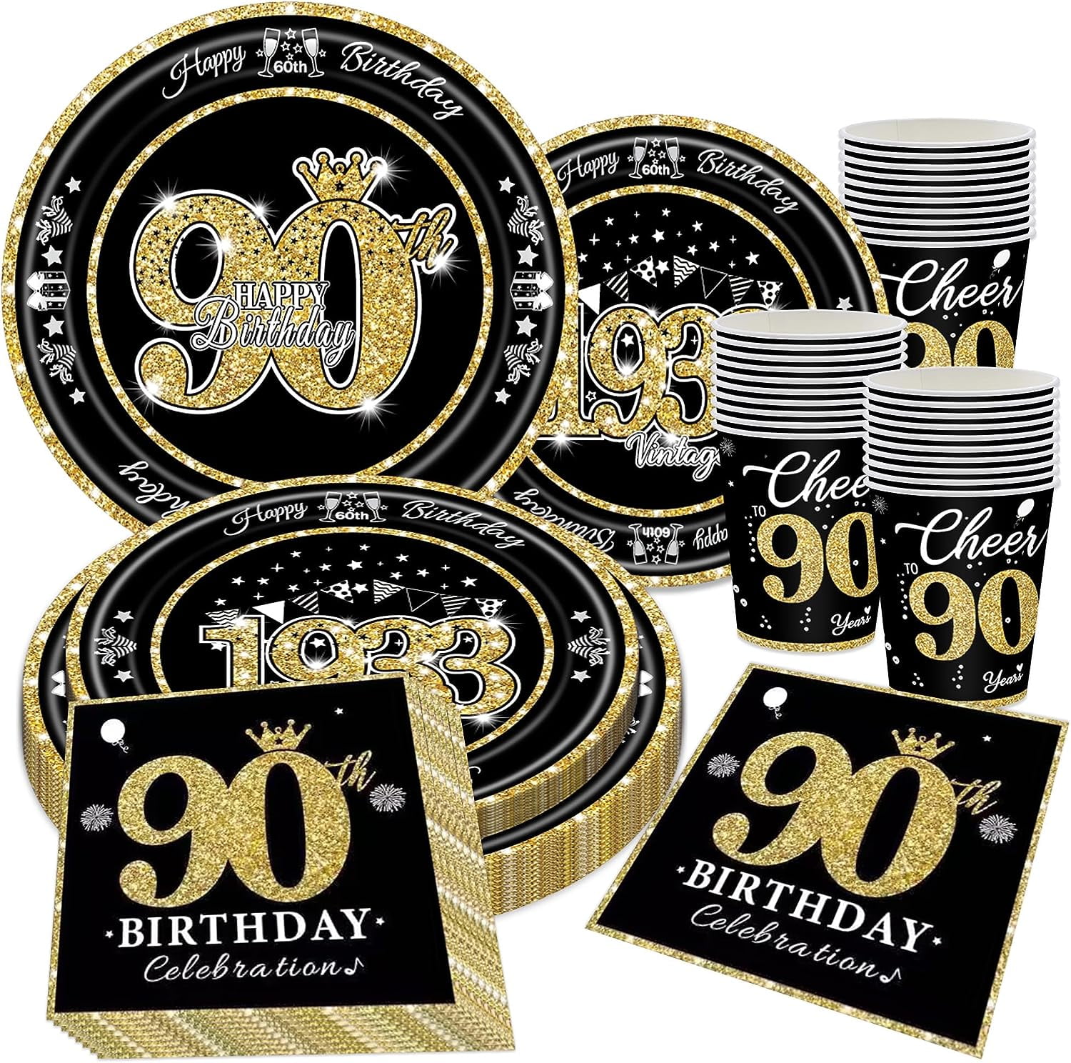 Vintage Cheers To 90 Years Birthday Party Pack Service For 30 Black Vintage cheers to 90 years birthday party pack service for 30 black