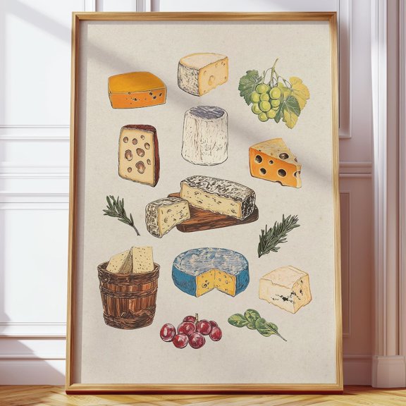 Vintage Cheese Chart Botanical Food Illustration Art, Unframed Paper Poster 8x10in