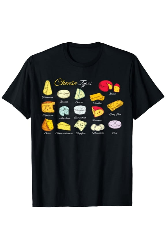 Vintage Cheese Types Chart Graphic T-Shirt, Hand Drawn Dairy Foodie Gift Tee for Men and Women