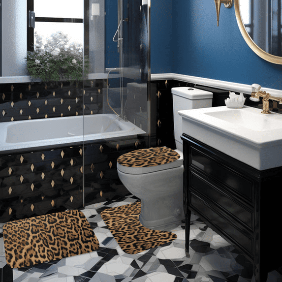 Vintage Cheetah Print 3-Piece Bath Rug Set, Non-Slip Polyester Bathroom Mats, Plush Absorbent Washable Rugs with Toilet Lid Cover & U-Shaped Mat for Retro 70s Bathroom Decor