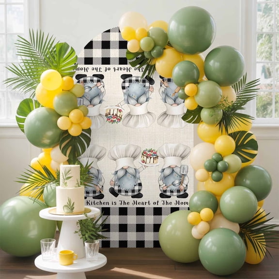 Vintage Chef Arch Backdrop Cover, 4FT, Gnome Cake Dessert Cook Linen Black Plaid Spandex Arch Covers Double-Sided Backdrop for Wedding Birthday Party Photo Background Decoration