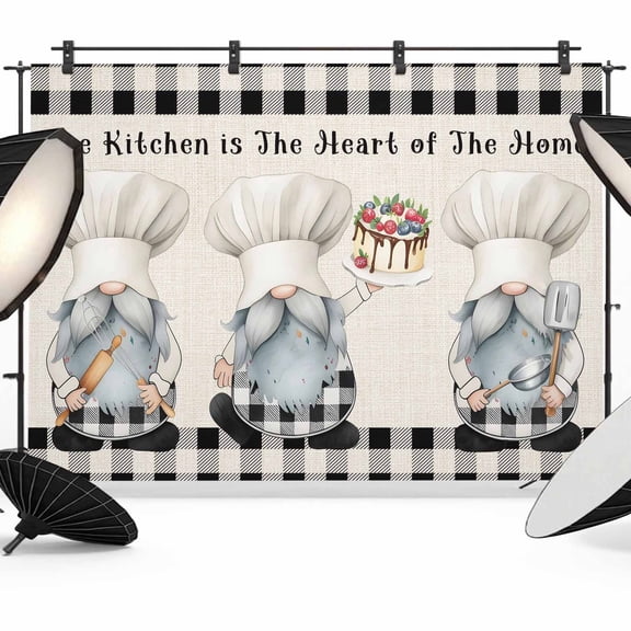 Vintage Chef Backdrop for Photography, Gnome Cake Dessert Cook Linen Black Plaid Photo Backdrop Portrait Background Party Banner Photo Backgrounds for Studio Booth Props, 7x5ft