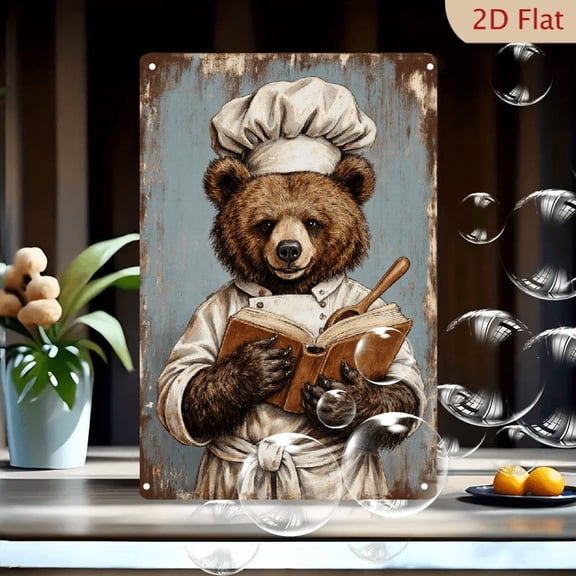 Vintage Chef Bear Art 8x12in Metal Wall Decor, Anthropomorphic Brown Bear in White Toque Holding Cookbook, Rustic Blue Wood Background, Distressed Kitchen Sign for Home or Restaurant