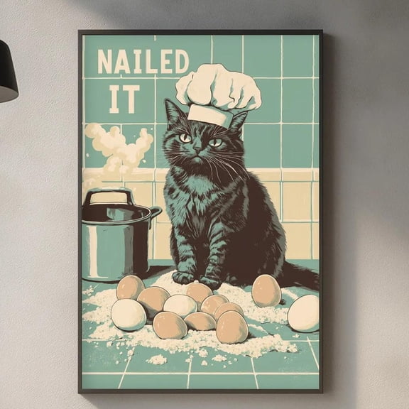 Vintage Chef Cat Wall Art Retro Kitchen Baking Illustration Mid Century Riso Style Kitchen Decor, Unframed Canvas