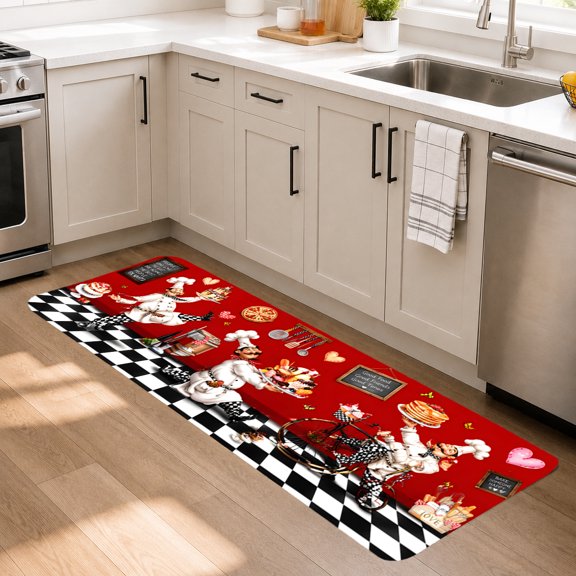 Vintage Chef Kitchen Runner Rug 18x48 Inch, Farmhouse Cooking Floor Mat with Retro Chef Design, Black White Checkered Kitchen Decor Rug, Non Slip Runner Mat for Sink, Laundry Room, Entryway