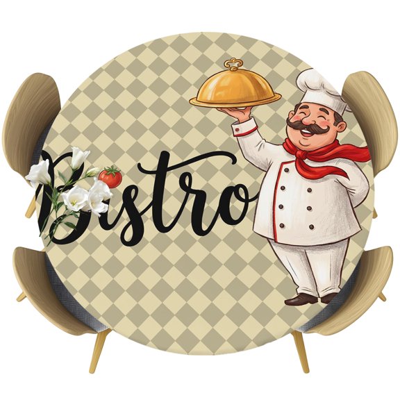 Vintage Chef Round Tablecloth 36-44 Inch Round Fitted Table Cloth with Elastic Edge, Checkered Buffalo Chefs Retro Art Waterproof Table Cover Protector for Outdoor Picnic Party Dining