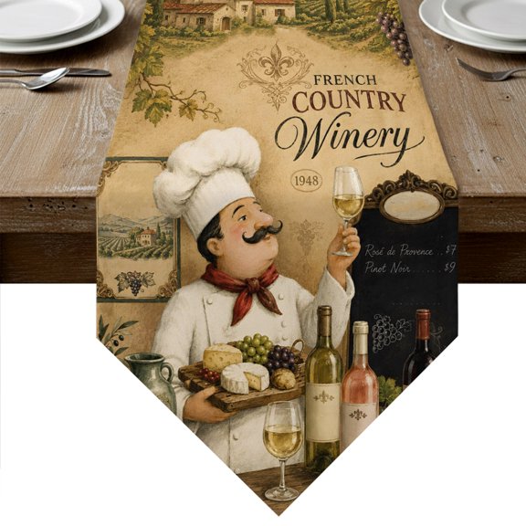 Vintage Chef Table Runner Linen Burlap Table Runner 36 Inches Small Wine Bottles Grapes Farmhouse Dresser Scarves for Kitchen Island Coffee Dining Room Party Wedding Banquet Holiday 13"x36"