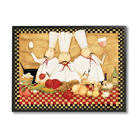 Vintage Chefs Checkered Kitchen Food & Beverage Graphic Art Black Framed Art Print Wall Art