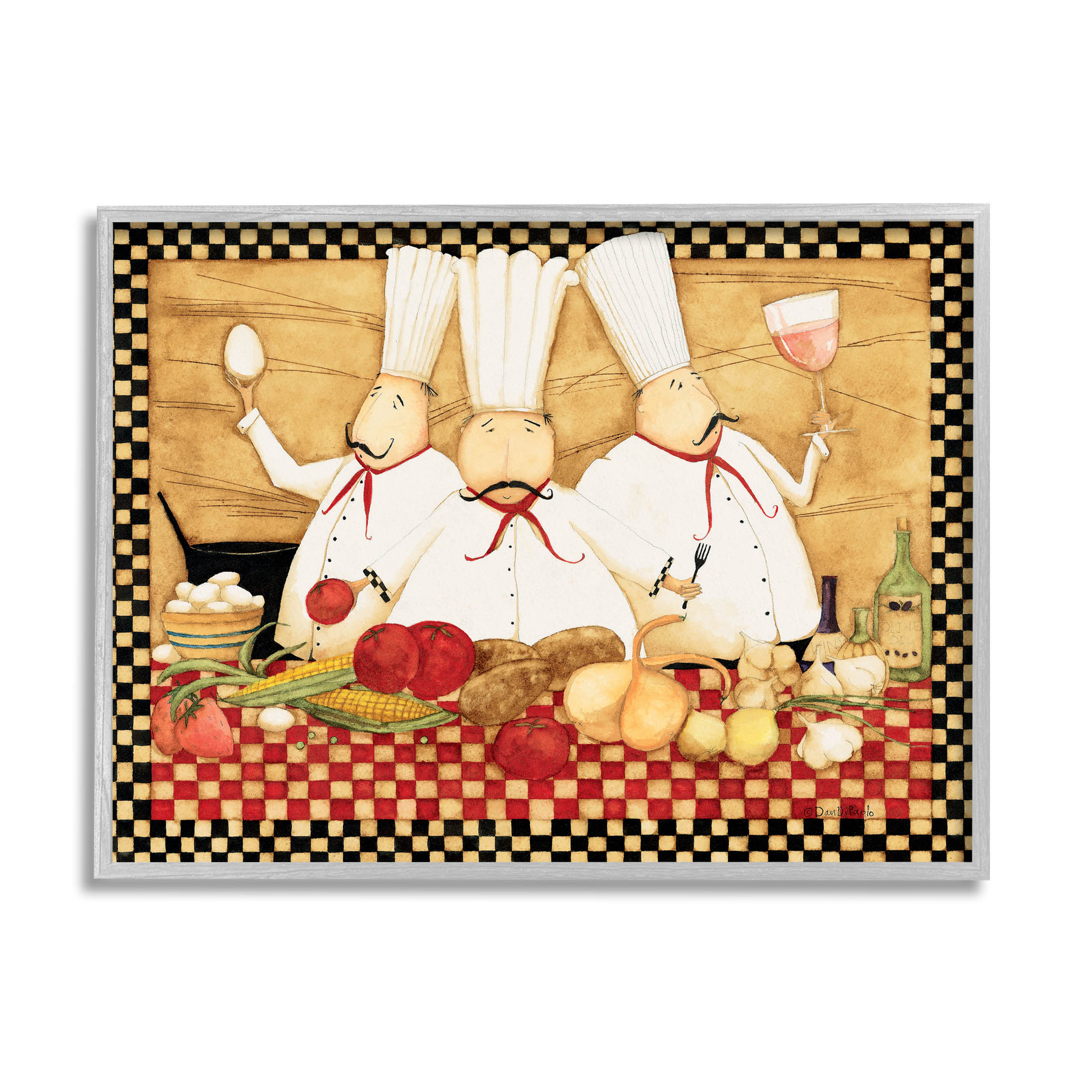 Vintage Chefs Checkered Kitchen Food & Beverage Graphic Art Gray Framed Art Print Wall Art
