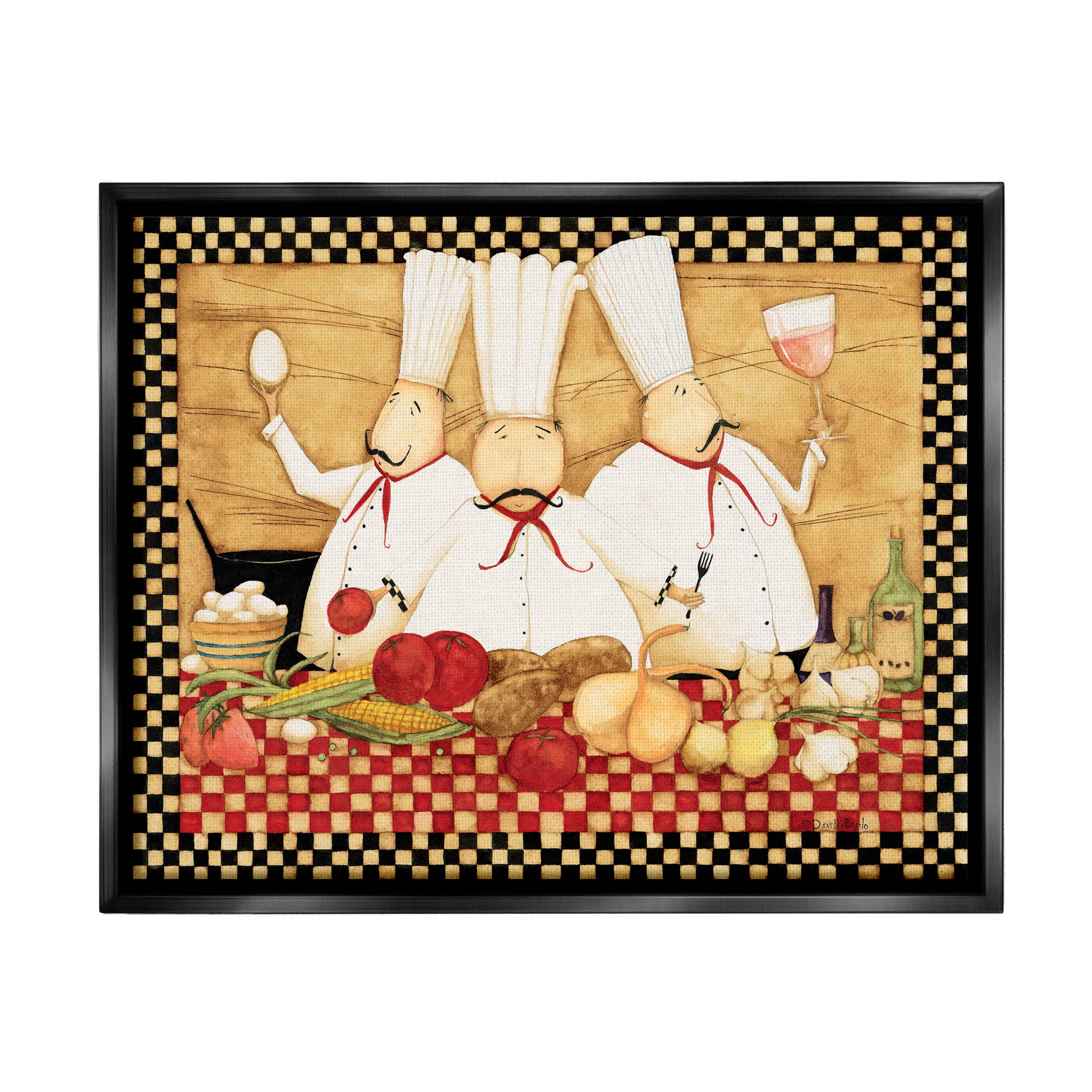 Vintage Chefs Checkered Kitchen Food & Beverage Graphic Art Jet Black Framed Art Print Wall Art