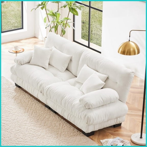 Vintage Chenille 2-Seat Cloud Sofa for Living Room - Soft with Lumbar & Throw Pillows, White