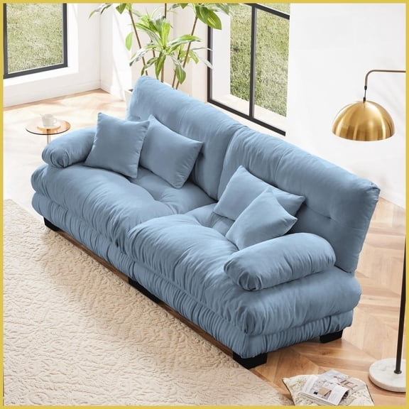 Vintage Chenille 2-Seater Cloud Sofa for Living Room Blue with Lumbar & Throw Pillows