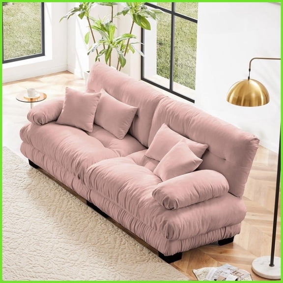Vintage Chenille 2-Seater Living Room Sofa  Cloud-Like Comfort with 2 Lumbar & 2 Throw Pillows, Pink