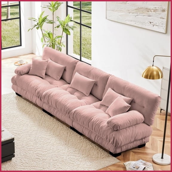 Vintage Chenille 3-Seater Modular Sofa with Bolster Armrests - Pink Soft Deep Seat Couch for Living Room Apartment Studio