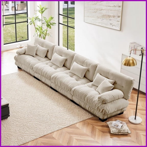 Vintage Chenille 4-Seater Modular Sectional Sofa - Cloud-Like Deep Seat for Living Room, Apartment, Office (Light Coffee)