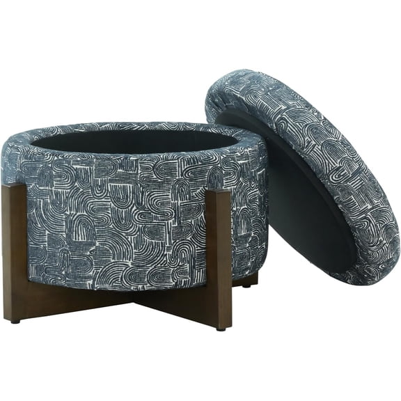 Vintage Chenille Storage Ottoman with Patterned Fabric, Sponge Cushion Footrest, Solid Wood Base, Hidden Storage for Living Room and Bedroom(Indigo Blue)