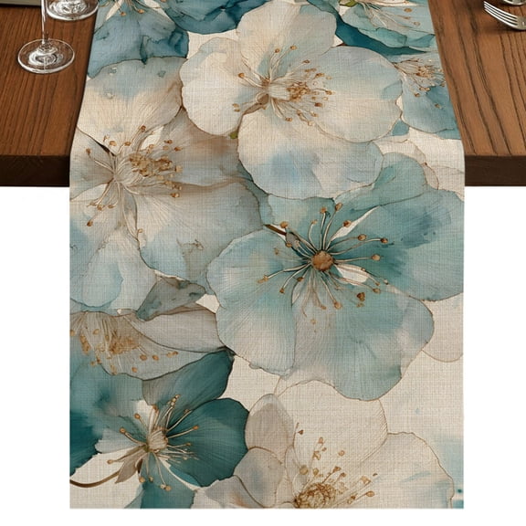 Vintage Cherry Blossom Burlap Cotton Table Runner 18x72 Inches Long, Blue Teal Floral Farmhouse Farmhouse Table Runners, Outdoor Dining Table Decor for Baby Shower/Party/Wedding