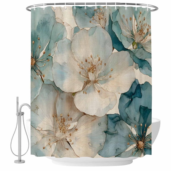 Vintage Cherry Blossom Shower Curtain Set - Small 36" x 72" Washable Bathtub Curtain with 12 Hooks, Blue Teal Floral Farmhouse Waterproof Fabric Stall Shower Curtains for Bathroom/Bathtub Décor