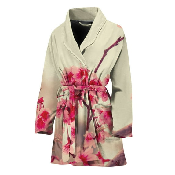 Vintage Cherry Blossom Women Bathrobe One Size Univeral Fits, Flower Cherry Floral Fashion Lightweight Plush Fleece Long Robe For Women