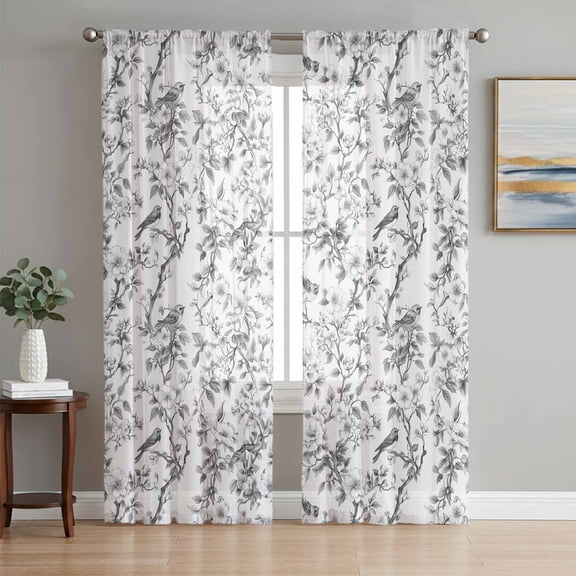 Vintage Cherry Blossoms Birds Branches Chiffon Sheer Curtains 84 Inches Long, Black White 2 Rod Pocket Window Treatment Voile Drapes Curtains for Living Room Bedroom,2 Panels, 52x84In