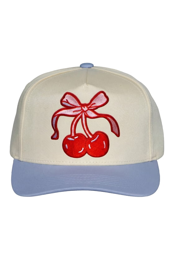 Vintage Cherry Bow Baseball Cap – Retro Two-Tone Curved Cute Casual Hat for Women & Teens, Sky Blue